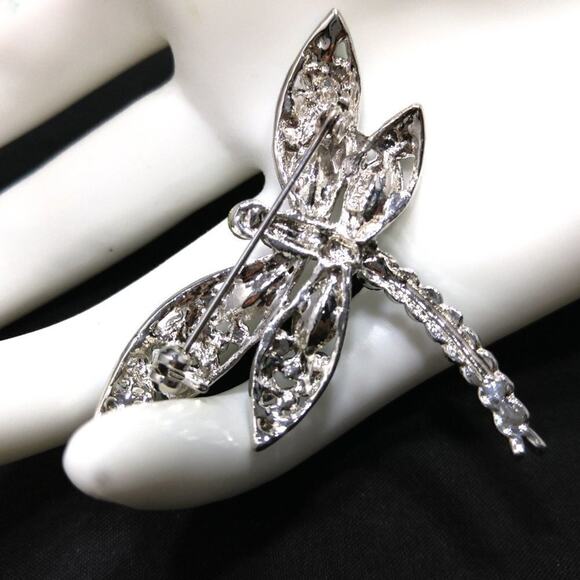 Dragonfly Brooch, Aurora Borealis, Deep Green Rhinestones, Silver Tone, 1 1/2 In - Picture 3 of 8